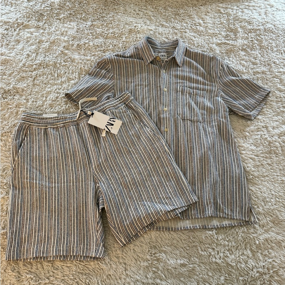 MENS Zara Brown, Blue, and Cream Striped Knit Top and Shorts Set